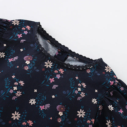 MyKids-USA® Floral Pattern Short Sleeves Dress with Lace Trim Neck for Stylish Girls