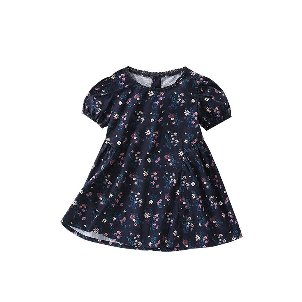 MyKids-USA® Floral Pattern Short Sleeves Dress with Lace Trim Neck for Stylish Girls
