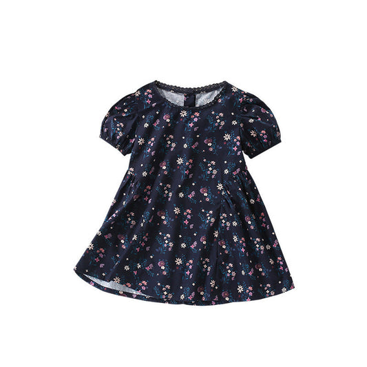 MyKids-USA® Summer Arrival Floral Pattern Short Sleeves Dress with Lace Trim Neck for Stylish Girls