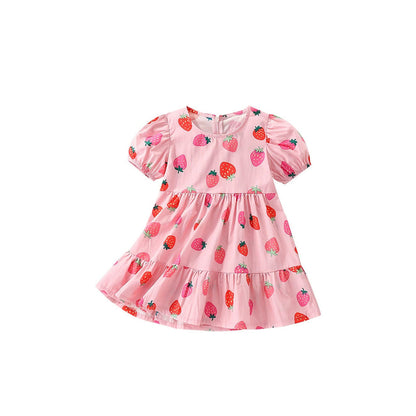 MyKids-USA® Strawberry Pattern Short Sleeves Crew Neck Dress for Stylish Girls