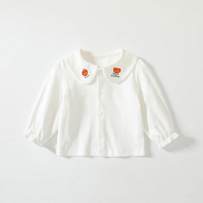 MyKids-USA® Baby Kids Girls Long Sleeves Plain Single Breasted Shirt with Embroidered Collar