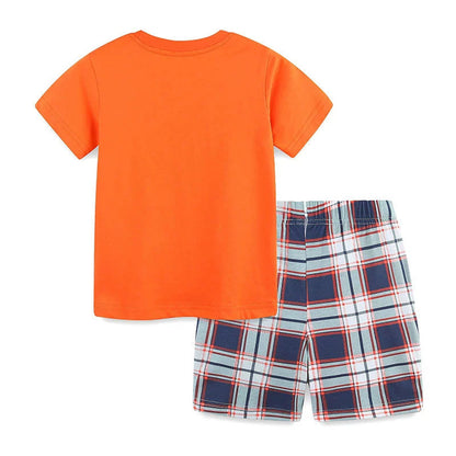 MyKids-USA® Baby Kids Cartoon Truck Pattern T-shirt and Plaid Shorts Color Patchwork Clothing Set for Boys