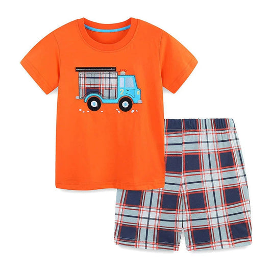 MyKids-USA® Baby Kids Cartoon Truck Pattern T-shirt and Plaid Shorts Color Patchwork Clothing Set for Boys