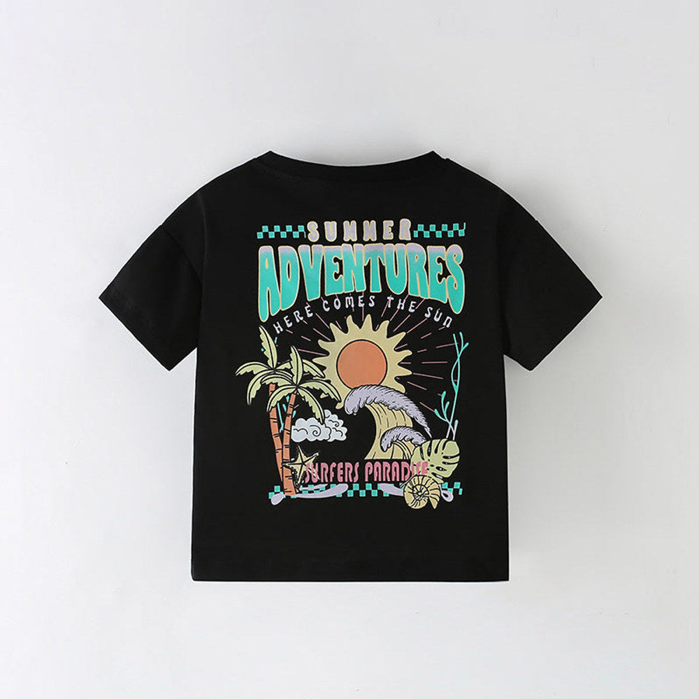 MyKids-USA® Boys’ Letters and Sunset Cartoon Pattern T-shirt in European and American Style