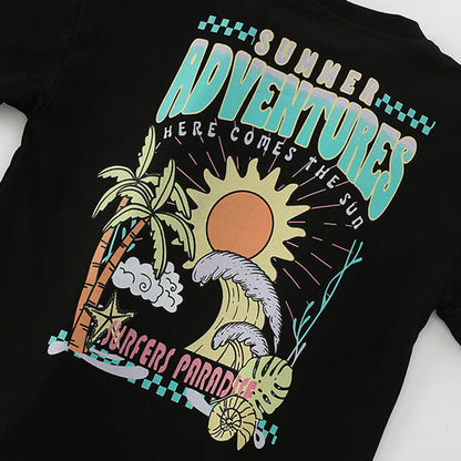 MyKids-USA® Boys’ Letters and Sunset Cartoon Pattern T-shirt in European and American Style
