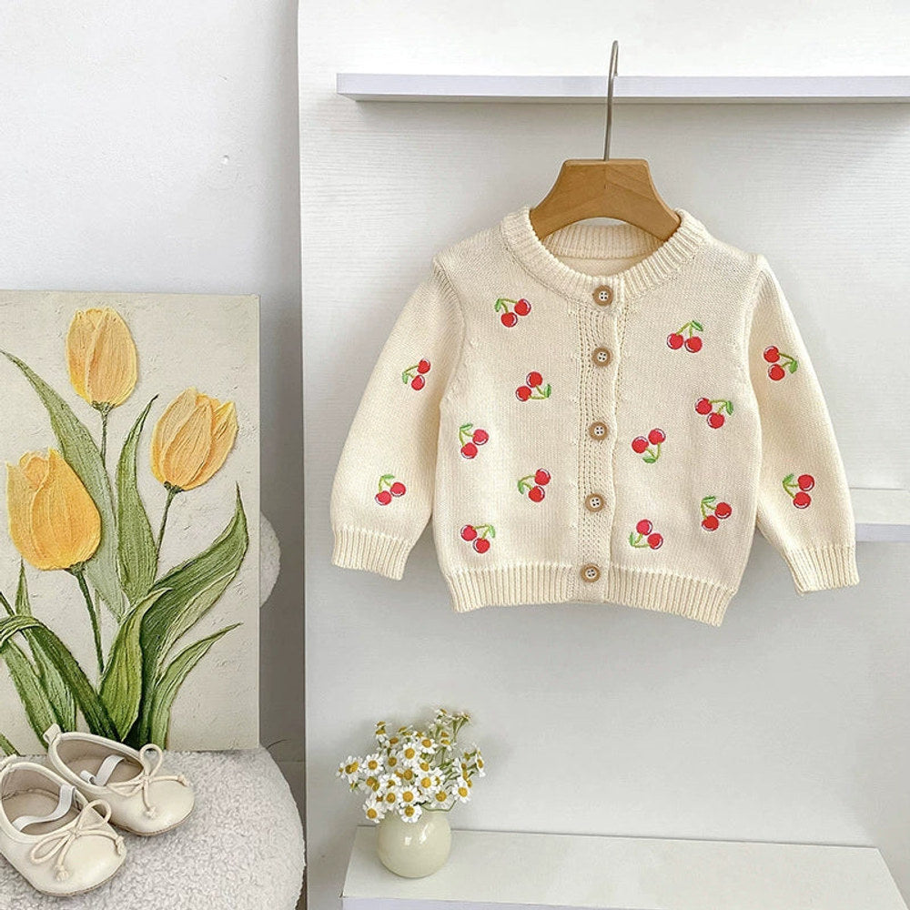 MyKids-USA® Baby Girls Comfortable Vivid Cherry Embroidery Pattern Knitted Long Sleeves Cardigan