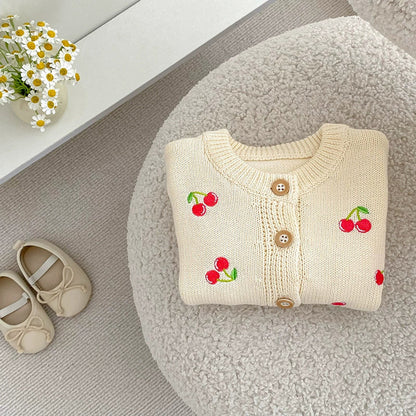 MyKids-USA® Baby Girls Comfortable Vivid Cherry Embroidery Pattern Knitted Long Sleeves Cardigan
