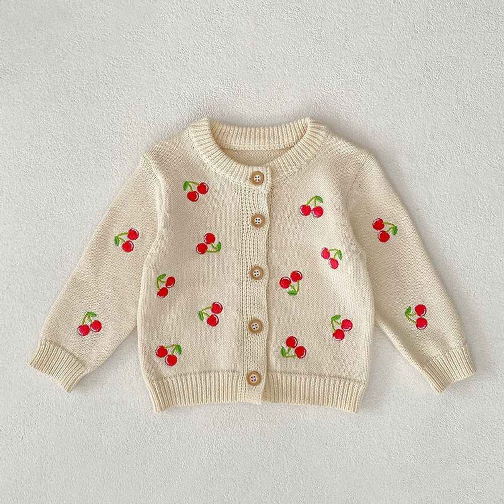 MyKids-USA® Baby Girls Comfortable Vivid Cherry Embroidery Pattern Knitted Long Sleeves Cardigan
