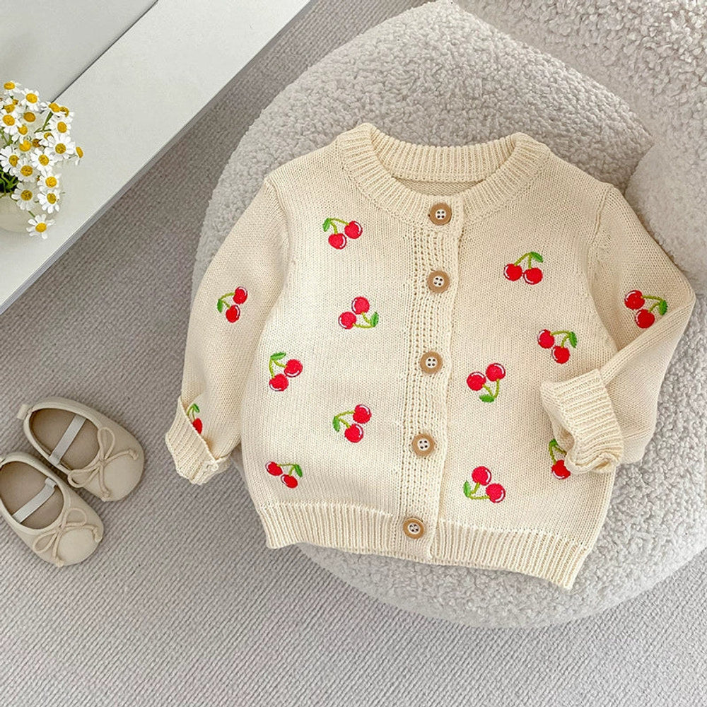 MyKids-USA® Baby Girls Comfortable Vivid Cherry Embroidery Pattern Knitted Long Sleeves Cardigan