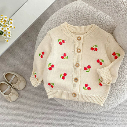 MyKids-USA® Baby Girls Comfortable Vivid Cherry Embroidery Pattern Knitted Long Sleeves Cardigan