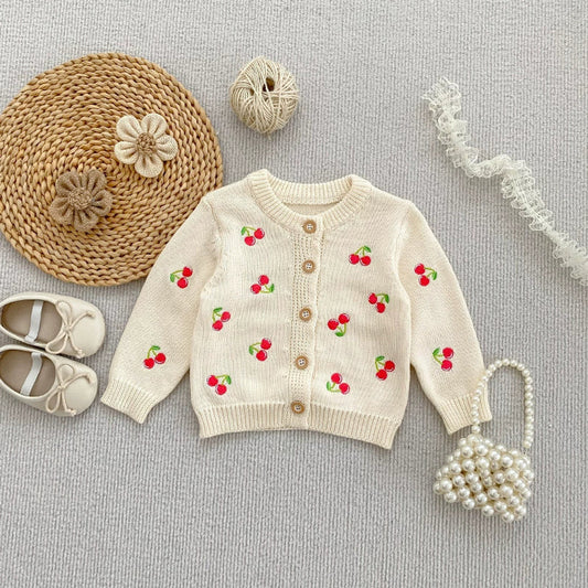MyKids-USA® Baby Girls Comfortable Vivid Cherry Embroidery Pattern Knitted Long Sleeves Cardigan