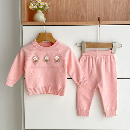 Arrival Autumn Baby Girls Long Sleeves Simple Knitted Top with Flowers Pattern and Solid Color Long Trousers Clothing Set