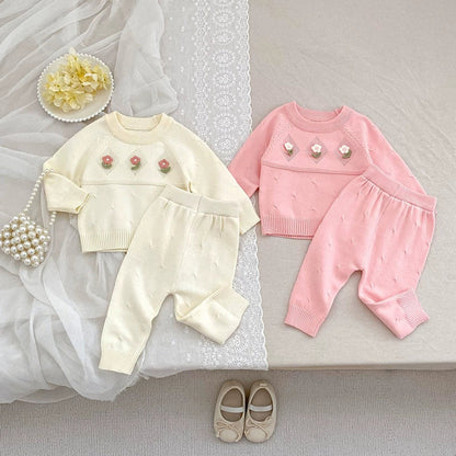 Arrival Autumn Baby Girls Long Sleeves Simple Knitted Top with Flowers Pattern and Solid Color Long Trousers Clothing Set