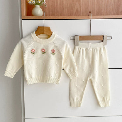 Arrival Autumn Baby Girls Long Sleeves Simple Knitted Top with Flowers Pattern and Solid Color Long Trousers Clothing Set