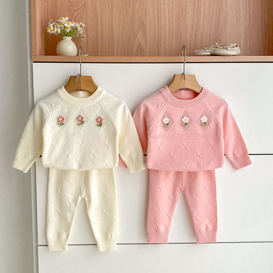 MyKids-USA® Baby Girls Long Sleeves Simple Knitted Top with Flowers Pattern and Solid Color Long Trousers Clothing Set