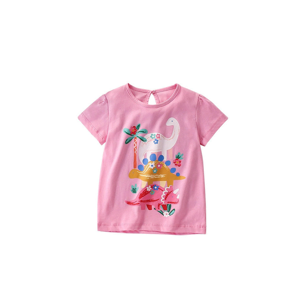 MyKids-USA® Girls’ Cartoon Dinosaurs Pattern Short Sleeves Pink T-shirt in European and American Style