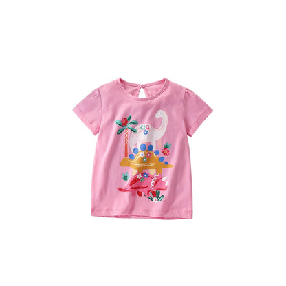 MyKids-USA® Girls’ Cartoon Dinosaurs Pattern Short Sleeves Pink T-shirt in European and American Style