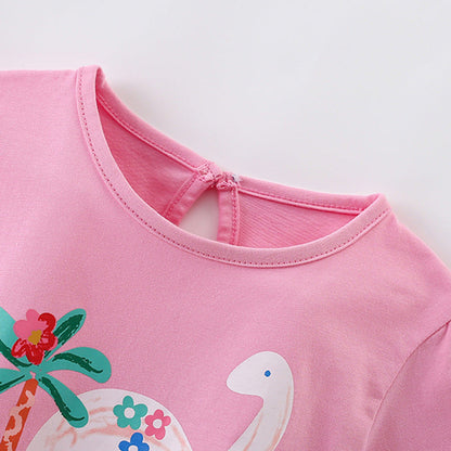 MyKids-USA® Girls’ Cartoon Dinosaurs Pattern Short Sleeves Pink T-shirt in European and American Style