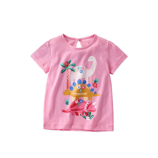 MyKids-USA® Girls’ Cartoon Dinosaurs Pattern Short Sleeves Pink T-shirt in European and American Style