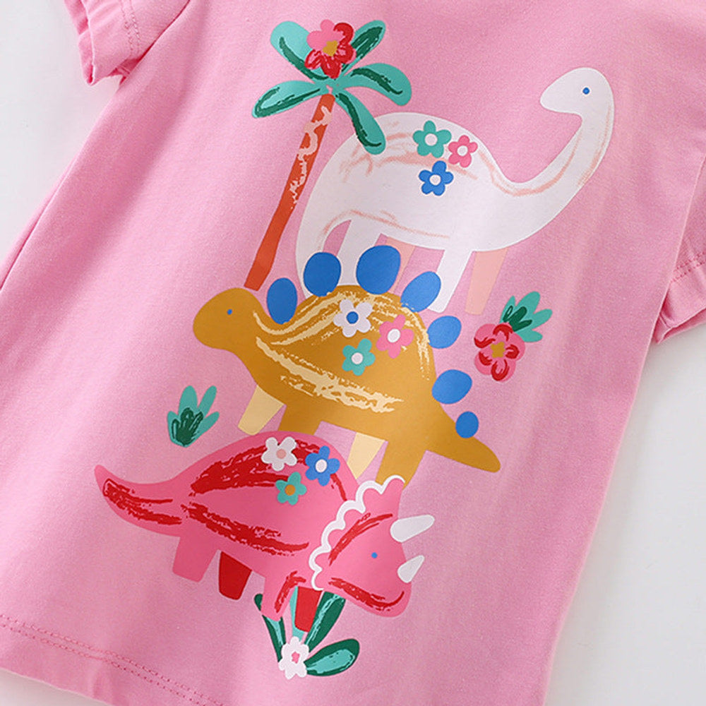 MyKids-USA® Girls’ Cartoon Dinosaurs Pattern Short Sleeves Pink T-shirt in European and American Style