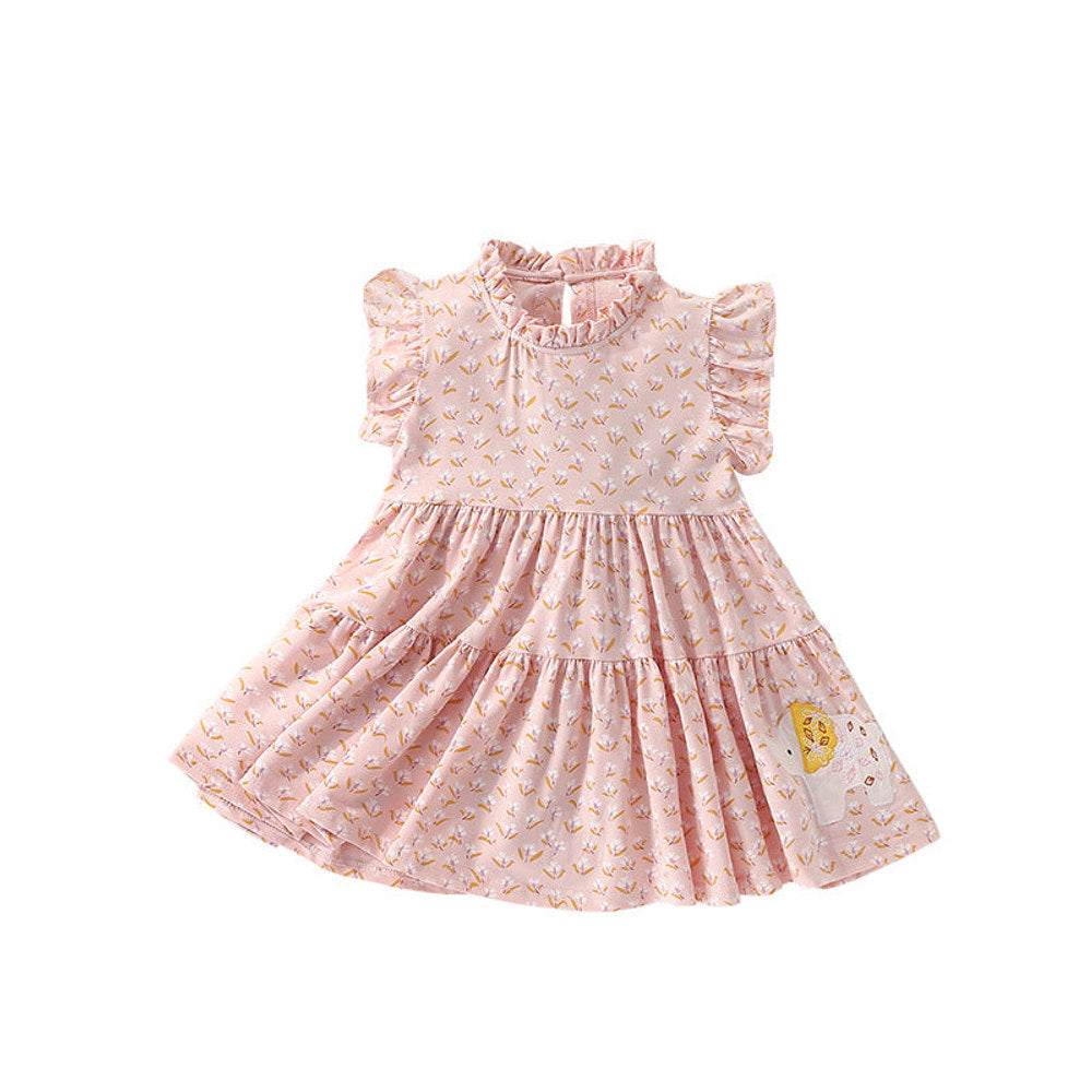 MyKids-USA® Cartoon Animals and Floral Pattern Fly Sleevels Dress for Stylish Girls