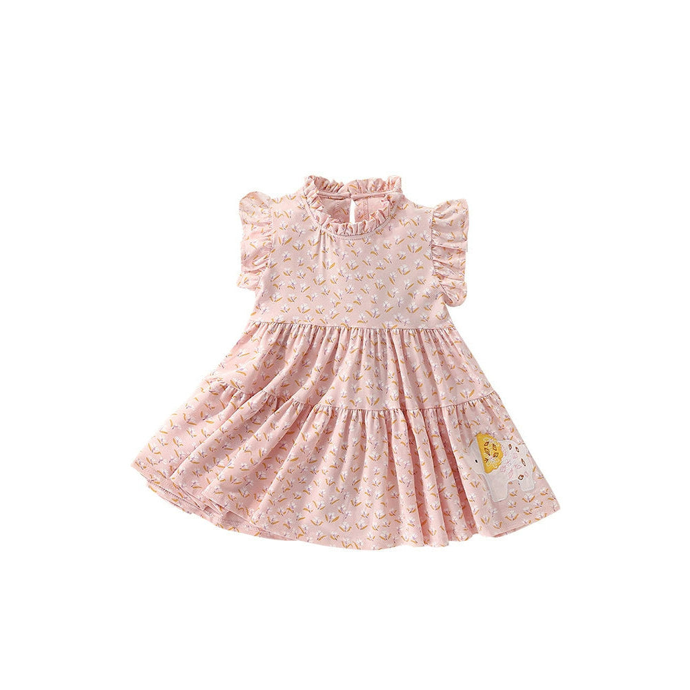 MyKids-USA® Cartoon Animals and Floral Pattern Fly Sleevels Dress for Stylish Girls