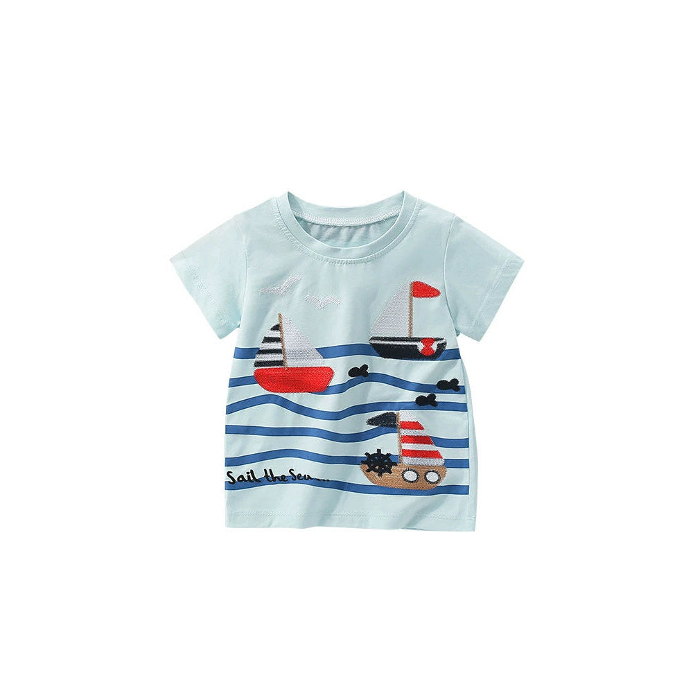 MyKids-USA® Boys’ English Boats Sail the Sea Cartoon Pattern T-shirt in European and American Style