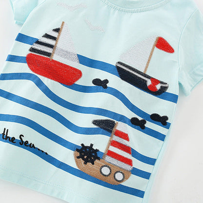MyKids-USA® Boys’ English Boats Sail the Sea Cartoon Pattern T-shirt in European and American Style