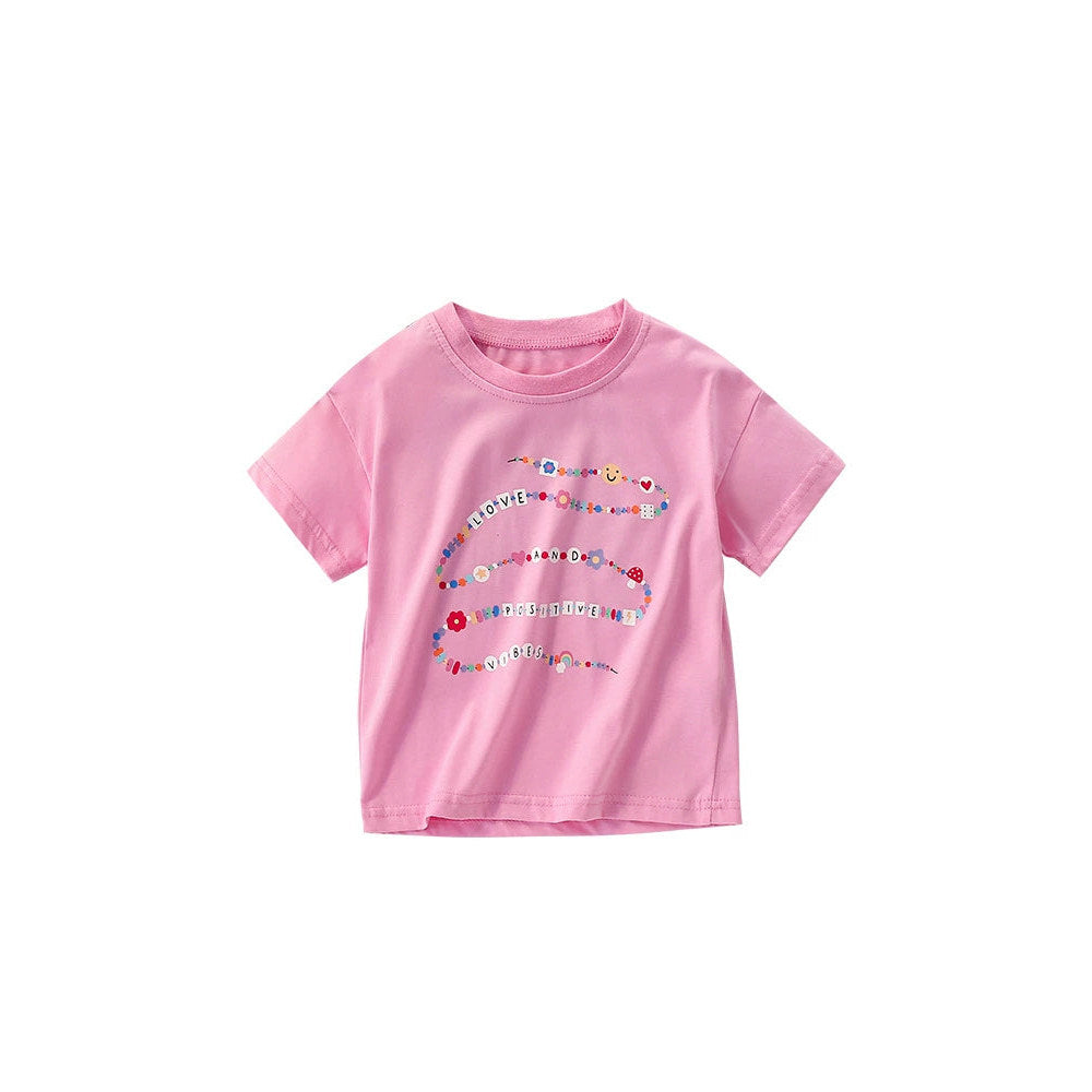 MyKids-USA® Girls’ Flowers and Letters Pattern Short Sleeves Pink T-shirt in European and American Style