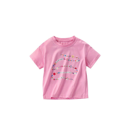 MyKids-USA® Girls’ Flowers and Letters Pattern Short Sleeves Pink T-shirt in European and American Style