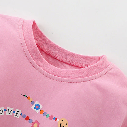 MyKids-USA® Girls’ Flowers and Letters Pattern Short Sleeves Pink T-shirt in European and American Style