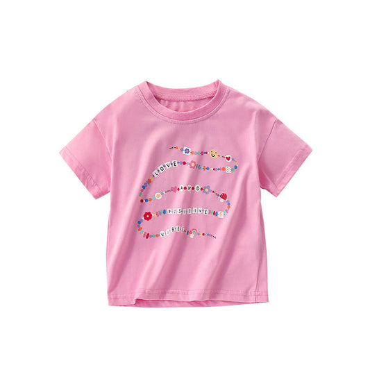 MyKids-USA® Girls’ Flowers and Letters Pattern Short Sleeves Pink T-shirt in European and American Style