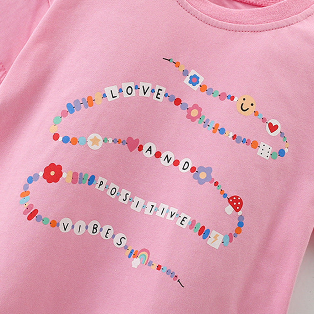 MyKids-USA® Girls’ Flowers and Letters Pattern Short Sleeves Pink T-shirt in European and American Style