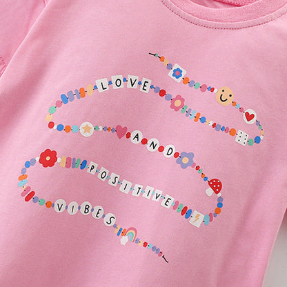 MyKids-USA® Girls’ Flowers and Letters Pattern Short Sleeves Pink T-shirt in European and American Style