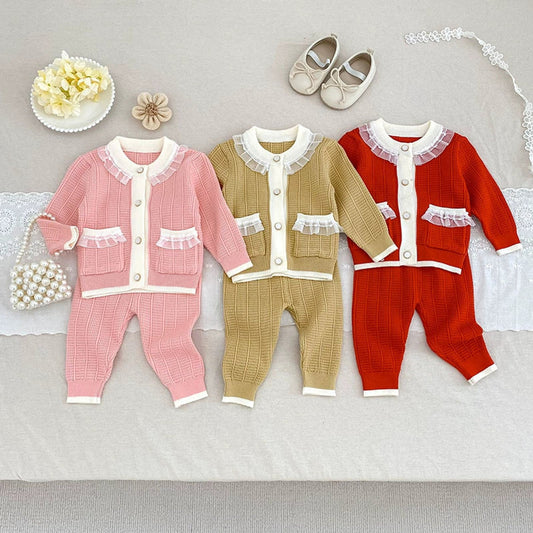 MyKids-USA® Baby Girls Long Sleeves Color Patchwork Knitted Top Cardigan and Long Trousers Clothing Set