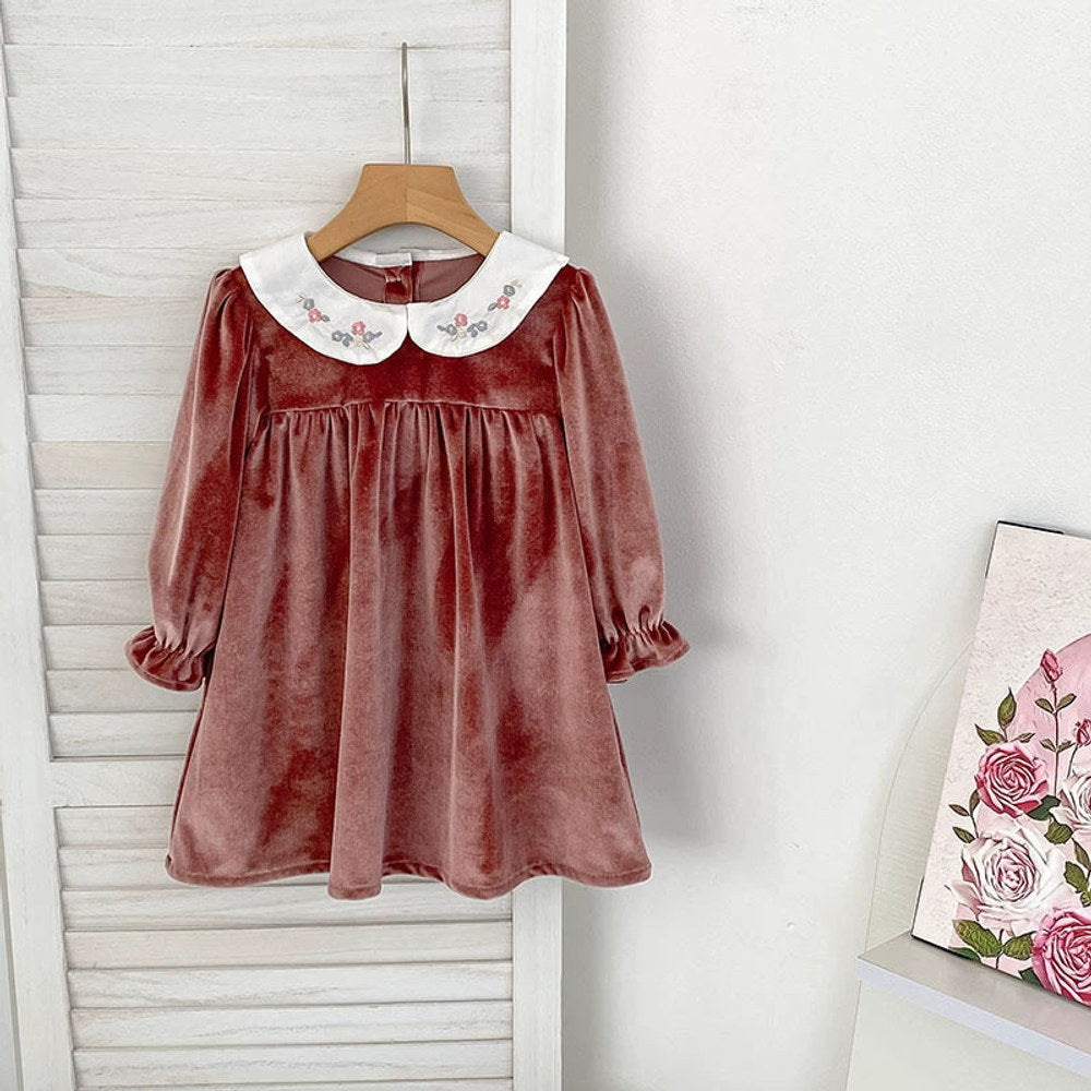 MyKids-USA® Baby Kids Girls Long Sleeves Velvet Dress with Embroidery Collar