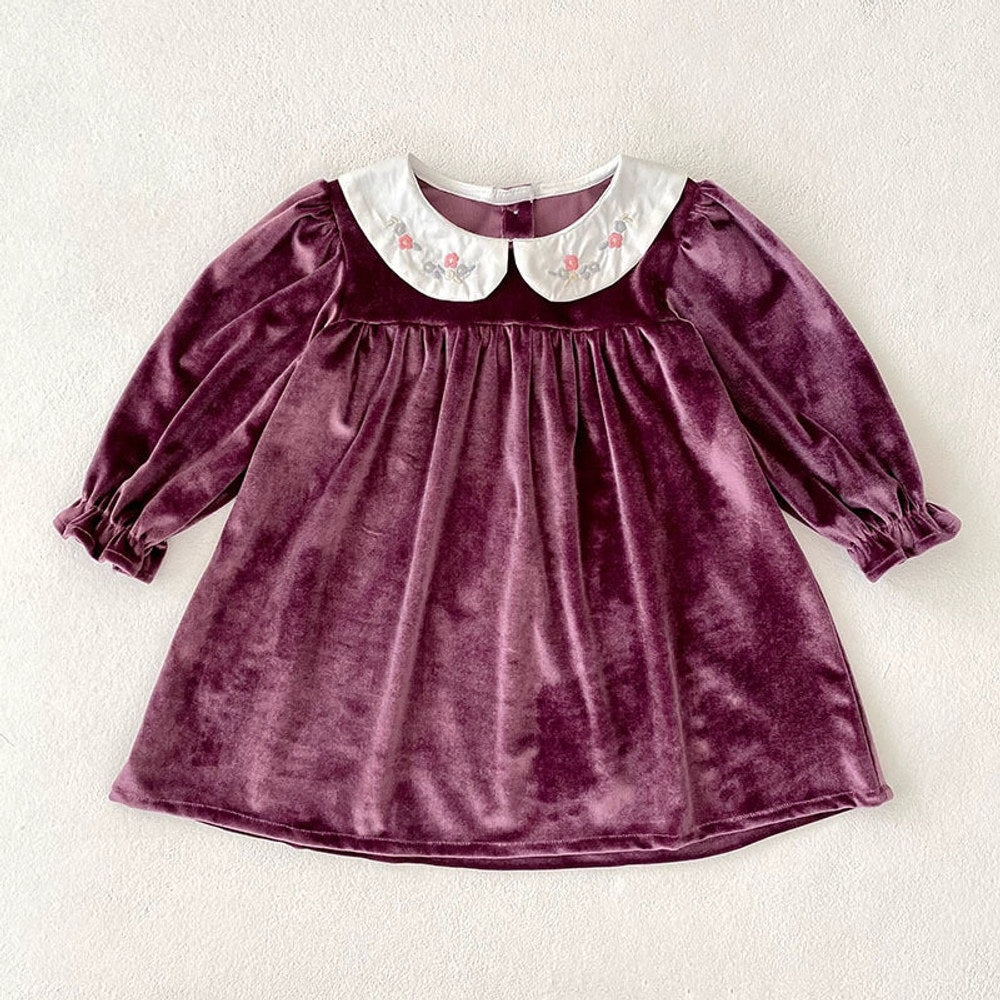 MyKids-USA® Baby Kids Girls Long Sleeves Velvet Dress with Embroidery Collar