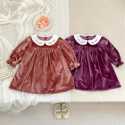 MyKids-USA® Baby Kids Girls Long Sleeves Velvet Dress with Embroidery Collar