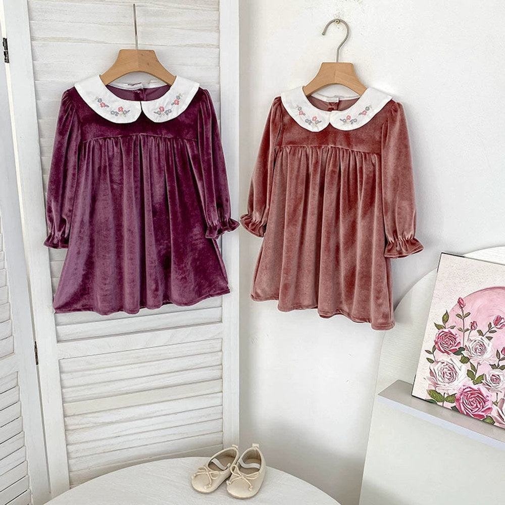 MyKids-USA® Baby Kids Girls Long Sleeves Velvet Dress with Embroidery Collar