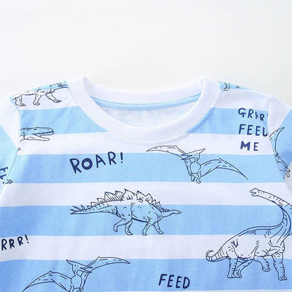 MyKids-USA® Boys’ Dinosaurs Cartoon and Letters Pattern Striped T-shirt in European and American Style