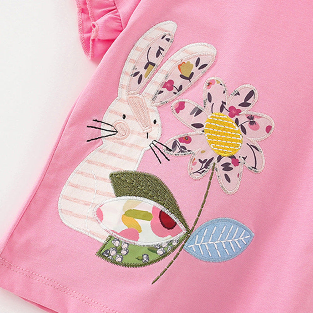MyKids-USA® Girls’ Flowers and Rabbit Pattern Short Sleeves T-shirt in European and American Style