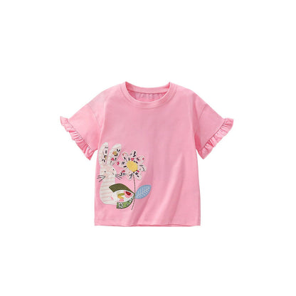 MyKids-USA® Girls’ Flowers and Rabbit Pattern Short Sleeves T-shirt in European and American Style