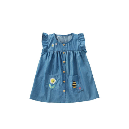 MyKids-USA® Cartoon Animals and Flower Embroidered Pattern Fly Sleevels Single Breasted Dress for Stylish Girls