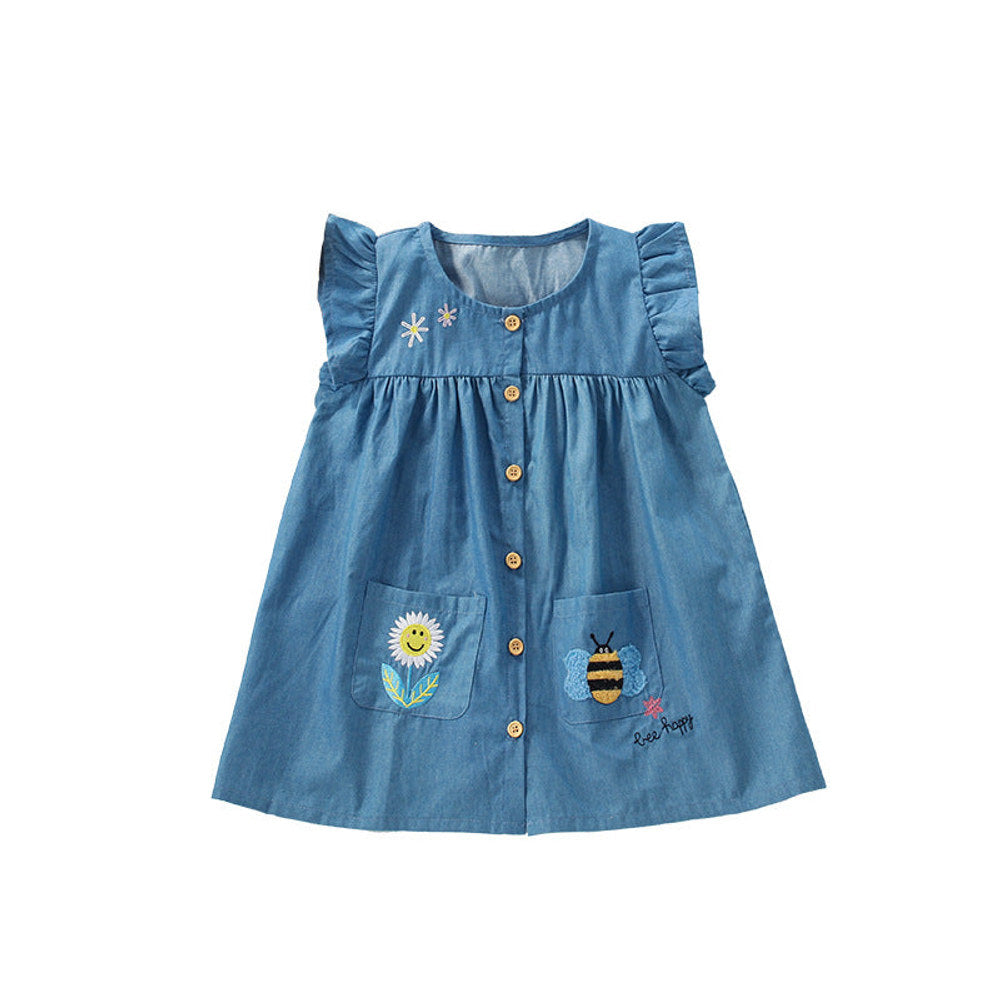 MyKids-USA® Cartoon Animals and Flower Embroidered Pattern Fly Sleevels Single Breasted Dress for Stylish Girls