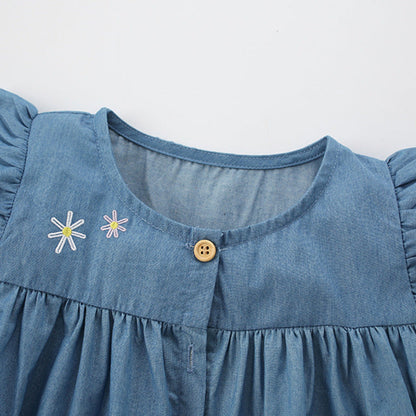 MyKids-USA® Cartoon Animals and Flower Embroidered Pattern Fly Sleevels Single Breasted Dress for Stylish Girls