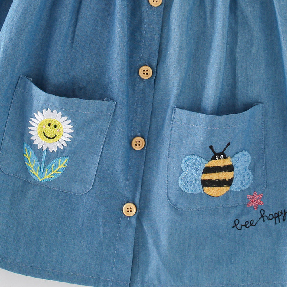 MyKids-USA® Cartoon Animals and Flower Embroidered Pattern Fly Sleevels Single Breasted Dress for Stylish Girls