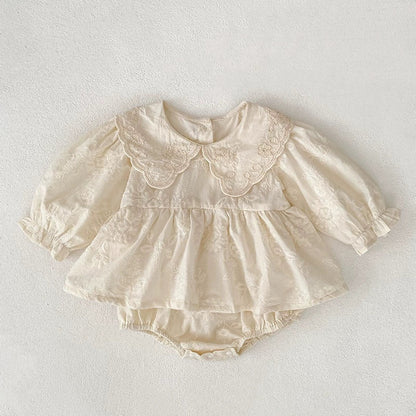 MyKids-USA® Baby Girls French Style Solid Color Flowers Pattern Long-sleeved bodysuit and Dress – Princess Sister Matching Set