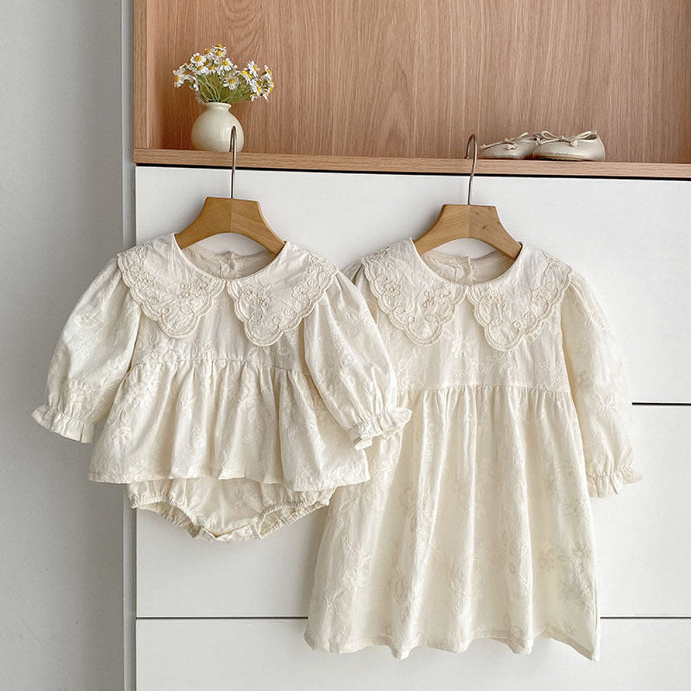 MyKids-USA® Baby Girls French Style Solid Color Flowers Pattern Long-sleeved bodysuit and Dress – Princess Sister Matching Set