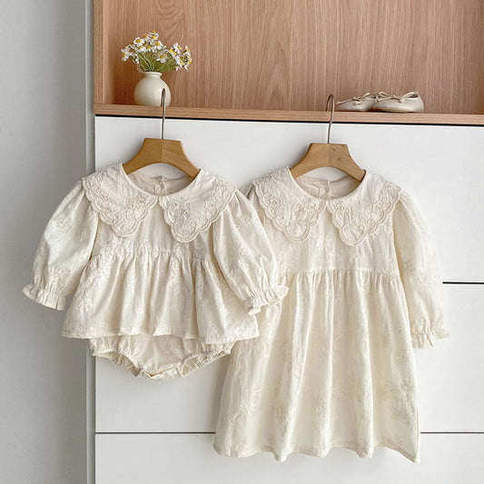 MyKids-USA® Baby Girls French Style Solid Color Flowers Pattern Long-sleeved bodysuit and Dress – Princess Sister Matching Set