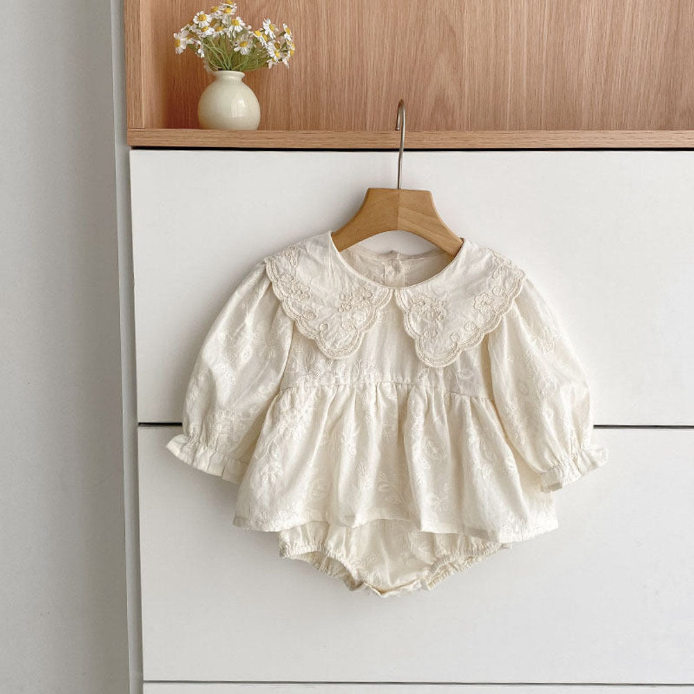 MyKids-USA® Baby Girls French Style Solid Color Flowers Pattern Long-sleeved bodysuit and Dress – Princess Sister Matching Set